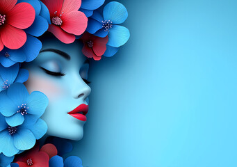 Woman with red lips and blue eyes is surrounded by flowers. The flowers are in various colors and sizes, and they are arranged in a way that makes the woman look like she is wearing them