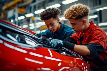 Two young mechanics repairing red car engine in modern auto repair shop