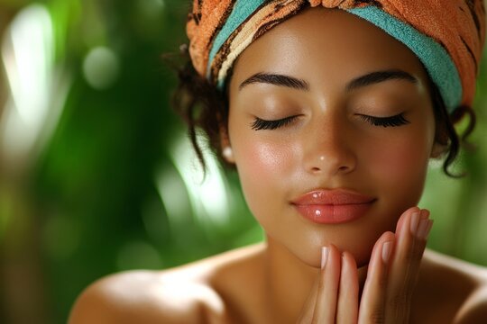 Close-up of a beautiful young woman with glowing skin, enjoying a moment of relaxation with closed eyes and hands gently touching her chin