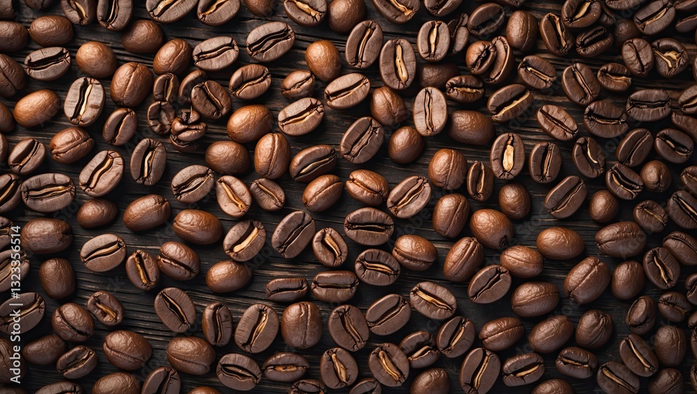 Poster Coffee beans scattered on dark wooden background with ample copyspace for text or design. Rich brown tones create an inviting atmosphere.