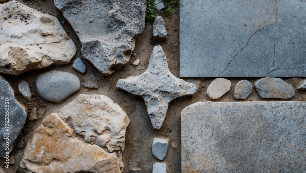 Aufkleber Textured stone floor with gray and beige stones interlocked in a unique pattern with pebbles, viewed from a top-down perspective.