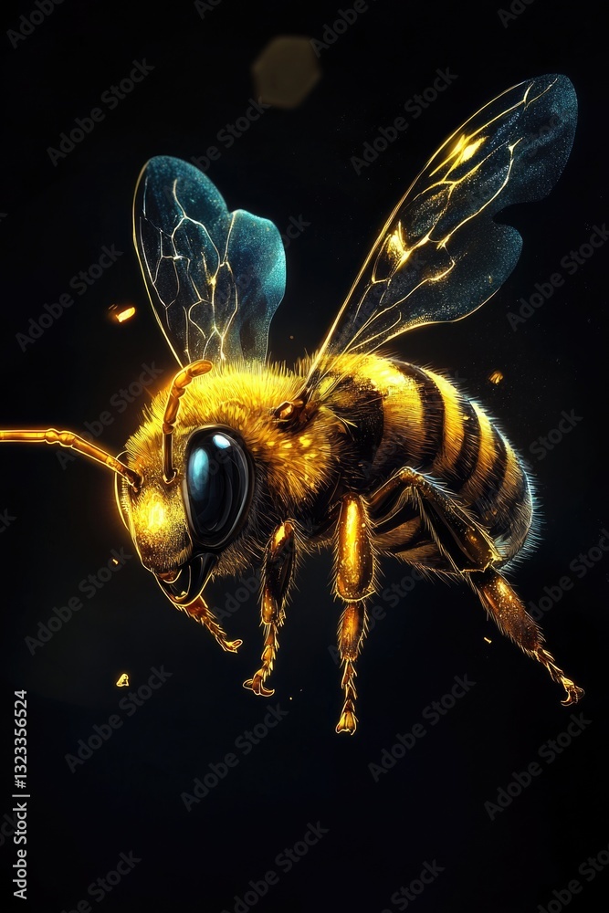Poster a close-up shot of a bee flying through the air, highlighting its movement and detail