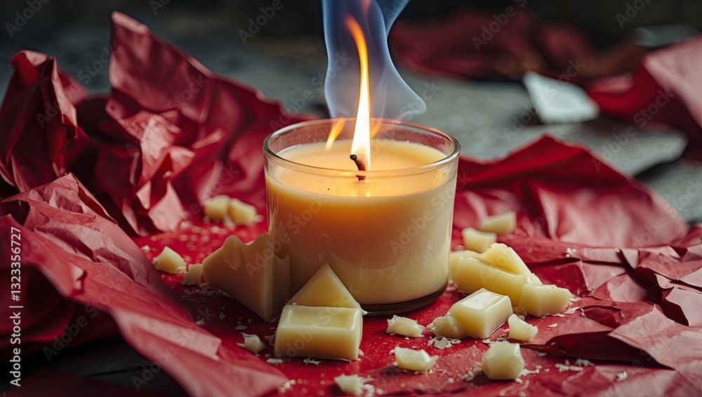 Aufkleber Soy candle with flame on crumpled red paper surrounded by wax fragments in warm tones of yellow and red creating a cozy atmosphere.