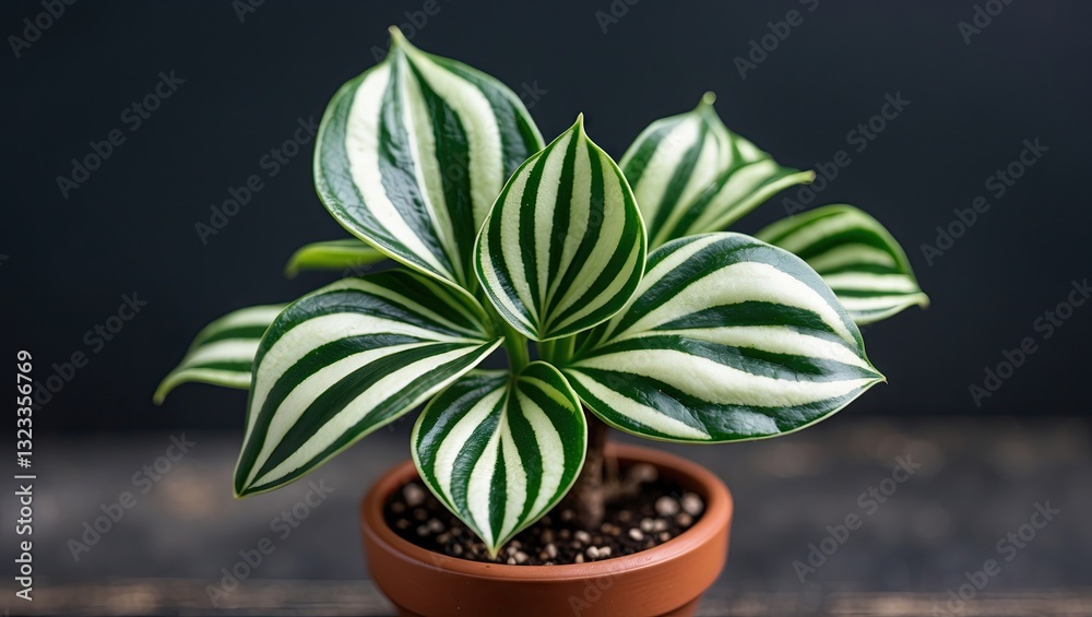 Leinwandbilder green and white striped plant in a terracotta pot with dark background showcasing lush leaves and in