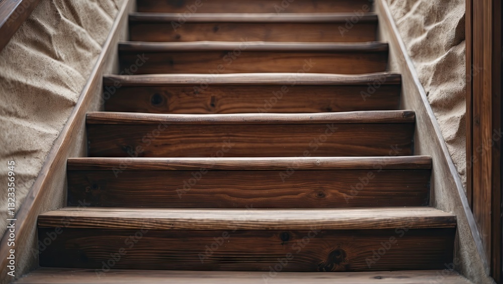 Poster close-up view of rustic wooden stair steps showcasing rich brown tones with textured stone walls fla