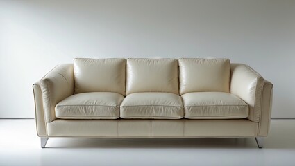 Fototapeta premium Contemporary cream leather sofa with three plush cushions centered against a soft white background showcasing modern interior design aesthetics