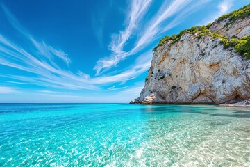 Naklejka premium Scenic beach with transparent turquoise waters, rocky cliff, and vivid blue sky with wispy clouds. Natural coastal landscape concept. Ai generative