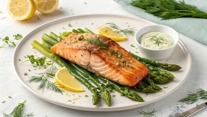 Grilled Salmon with Herb Butter
A perfectly grilled salmon fillet, its skin crispy and golden, rests atop a bed of vibrant green asparagus spears.