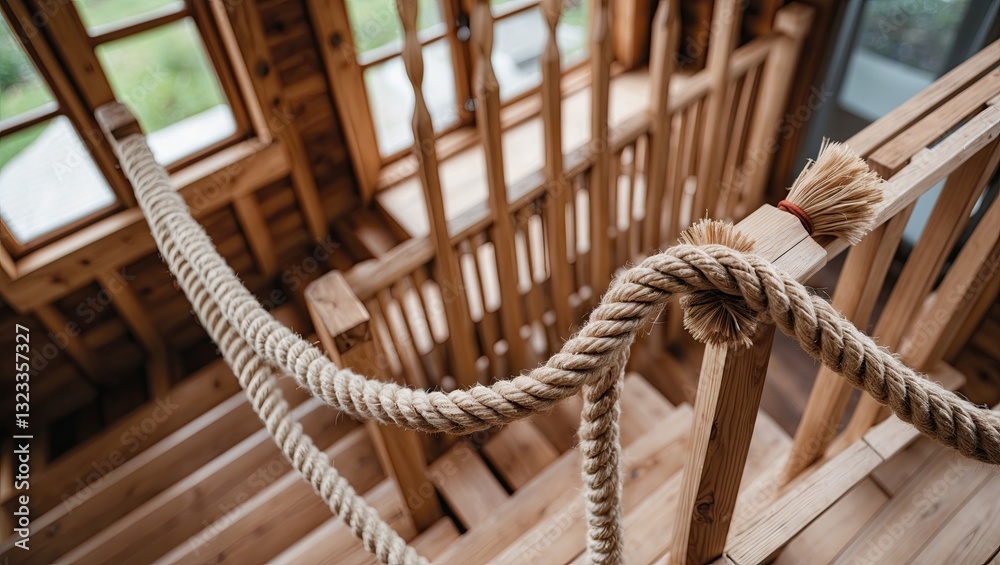 Poster rustic wooden staircase with ropes as railing showcasing natural wood tones and soft lighting from l