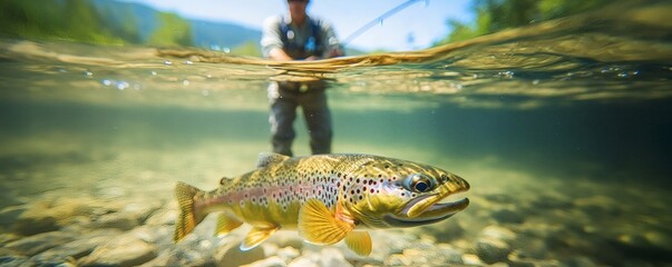 A large fish underwater with an angler fishing on the surface