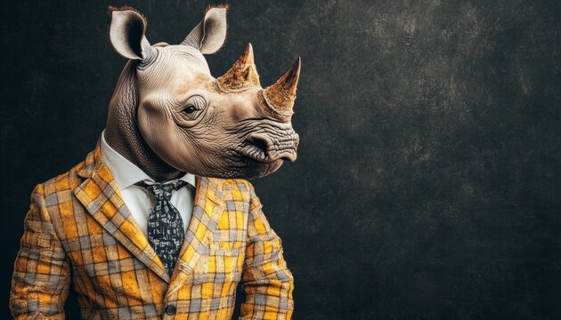 Portrait of a Rhinoceros in a Yellow Suit on a Dark Background, Conceptual Fine Art Photography