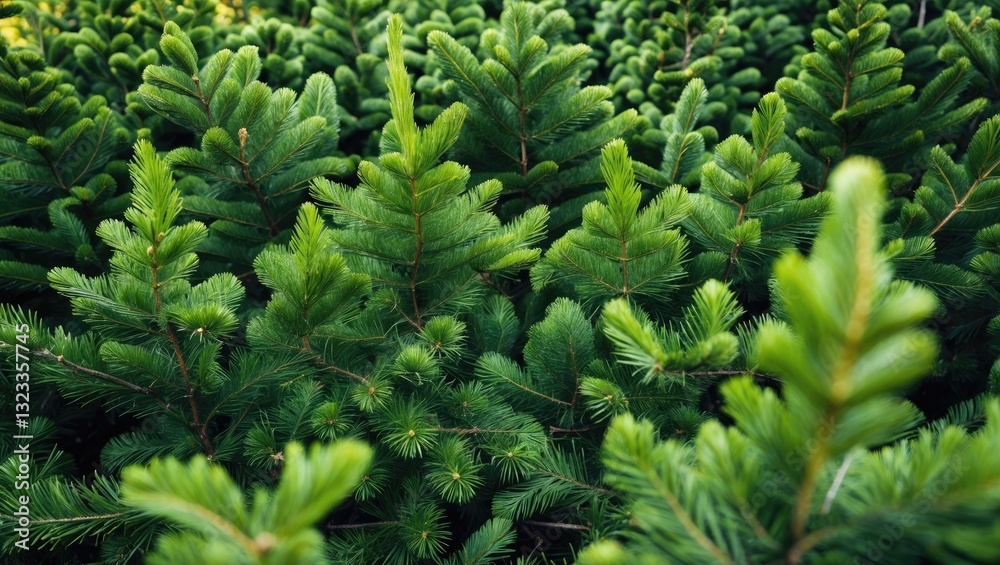 Aufkleber Close-up of vibrant green coniferous tree branches with soft needles, densely packed and creating a lush natural texture for background design.