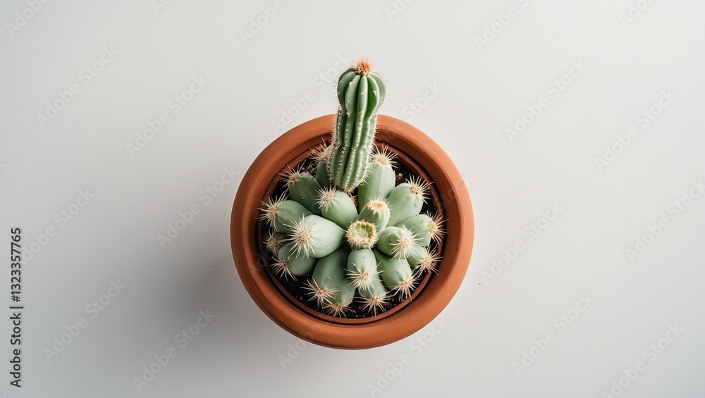 Poster top view of a green cactus arrangement in a terracotta pot on a light gray background showcasing int