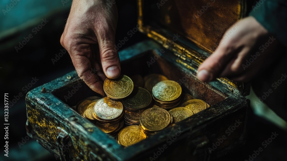 Aufkleber a person adds a coin to a treasure chest, a compact description about what pictured on the image and