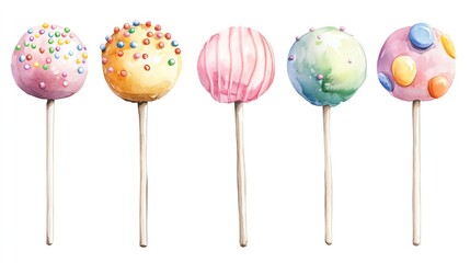 candy and sweets watercolor collection isoleate background Collection set watercolor. Colorful cake pops with various designs.