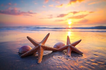 Fototapeta na wymiar Scenic sunset beach featuring starfish and seashells on wet sand reflecting the vibrant colors of the sky creating a tranquil coastal atmosphere
