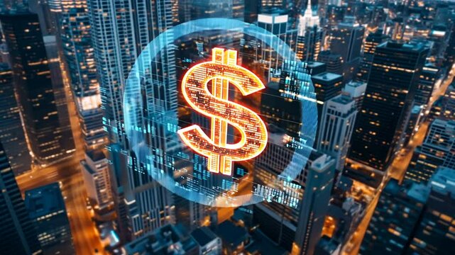 Digital currency dollar sign futuristic city concept of global financial network