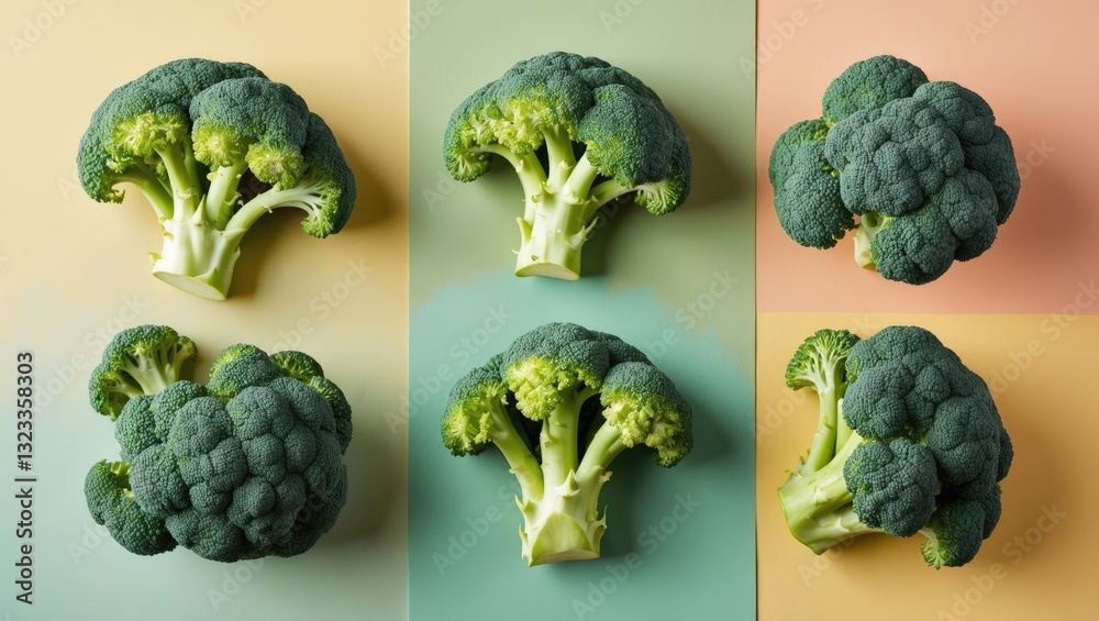 Poster organic broccoli florets arranged in a geometric pattern on a soft pastel gradient background featur