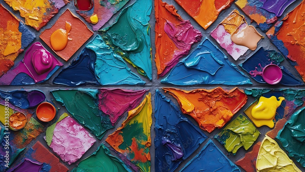 Poster Vibrant multicolored oil paint texture with triangular tiles arranged in a bold symmetrical pattern featuring blues, greens, reds, and yellows.
