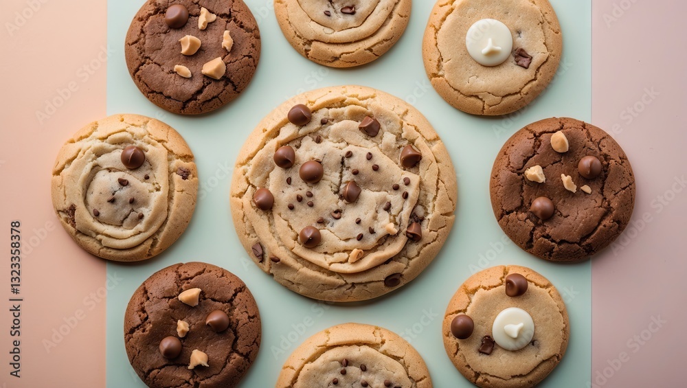 Poster Assorted cookies arranged on a pastel blue background featuring various toppings like chocolate chips and white cream, creating an appetizing display.