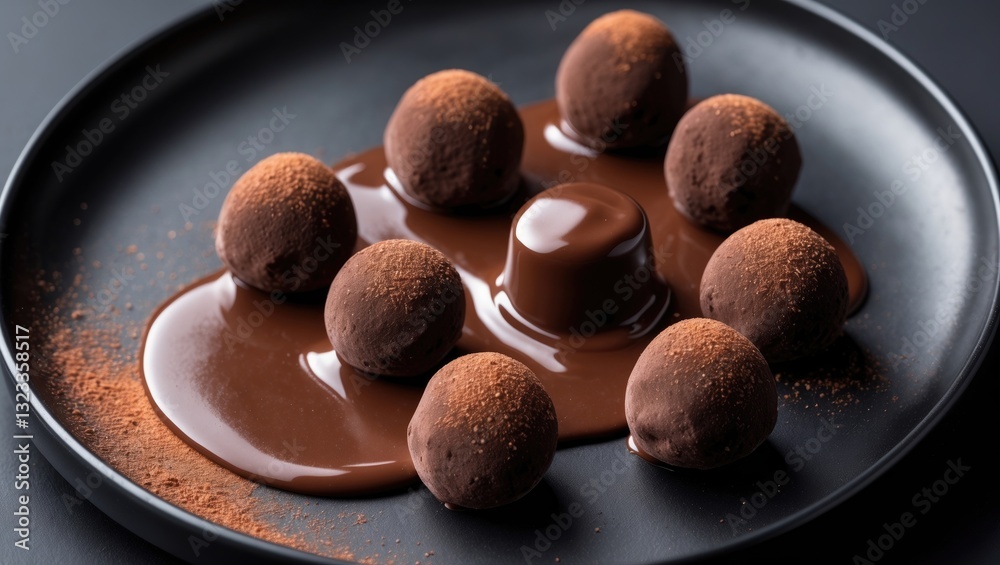 Poster decadent chocolate truffles arranged elegantly on a sleek black plate with rich chocolate sauce driz