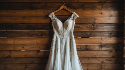 Bridal wedding dress with intricate lace hanging on a wooden wall featuring rich brown tones and warm ambiance, elegant design in center frame