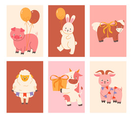 Set of birthday cards with cute animals