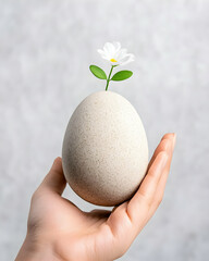 A hand holds an egg with a flower growing from it