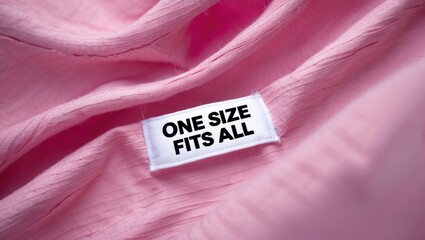 Clothing label stating one size fits all on soft pink textile with gentle folds and ample copy space for text or design elements in the image.