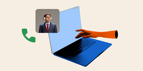 Contemporary visual collage. Laptop screen displaying professional in headset, surrounded by call...