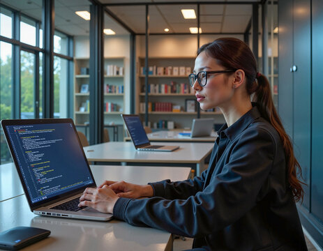 Woman in glasses writing software code. Portrait of a developer working in an office. IT specialist writing code at desk. Businesswoman working on coding project