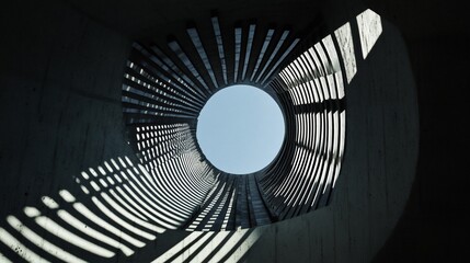 Abstract tunnel with circular slats and shadows.