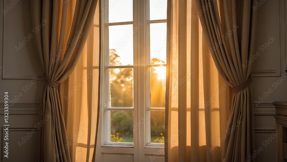 Aufkleber close-up of beige curtains framing a sunlit window with golden morning rays illuminating the room an