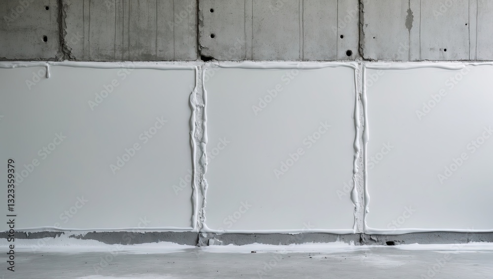 Poster Minimalist interior with a smooth white concrete wall, primer visibly applied, showcasing subtle texture and clean lines against a gray backdrop.