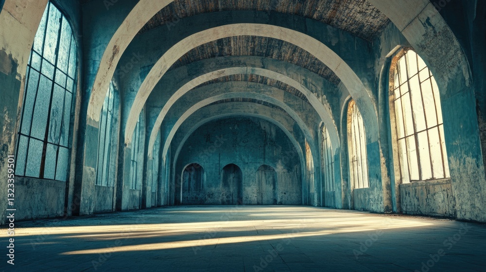 Poster a empty room with arches and stone floor, suitable for various uses such as architecture, interior d