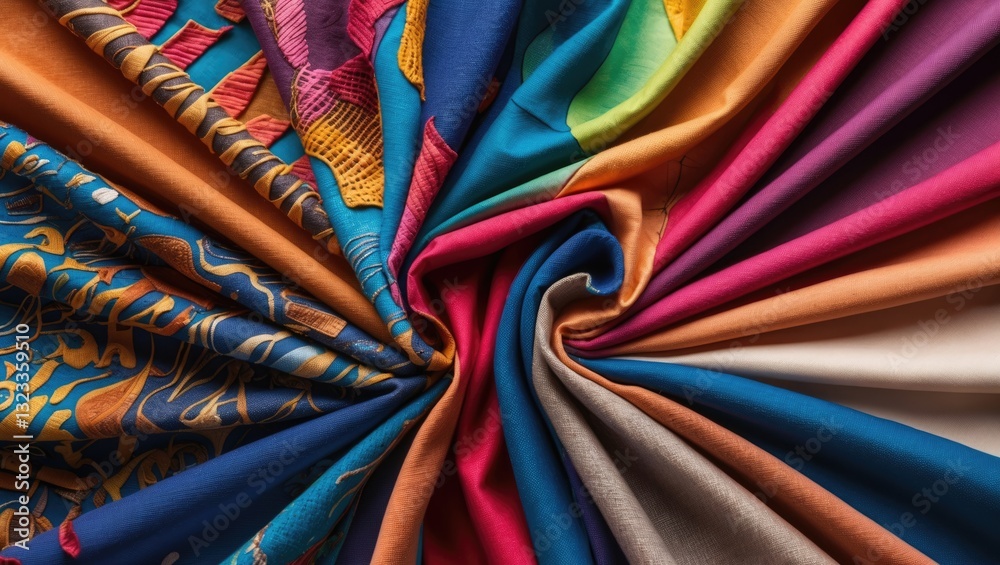 Poster vibrant close-up of a colorful fabric palette showcasing intricate textures in a swirling arrangemen