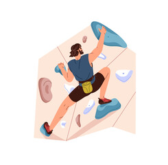 Climber is bouldering indoors. Alpinist is training on climbing wall. Man does extreme sport, mountaineering on artificial rock, mountain in gym. Flat isolated vector illustration on white background © Paper Trident