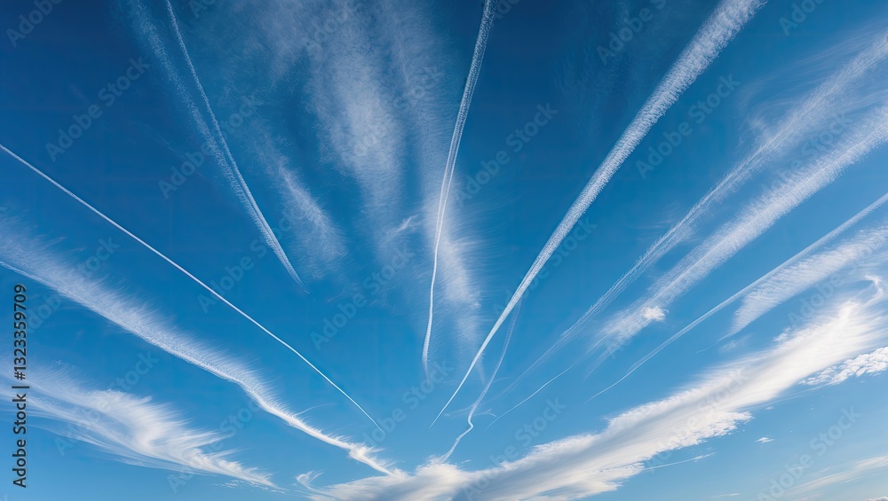 Aufkleber Vibrant blue sky with white wispy clouds and jet trails radiating outward, creating a dynamic and serene atmosphere in the atmosphere.