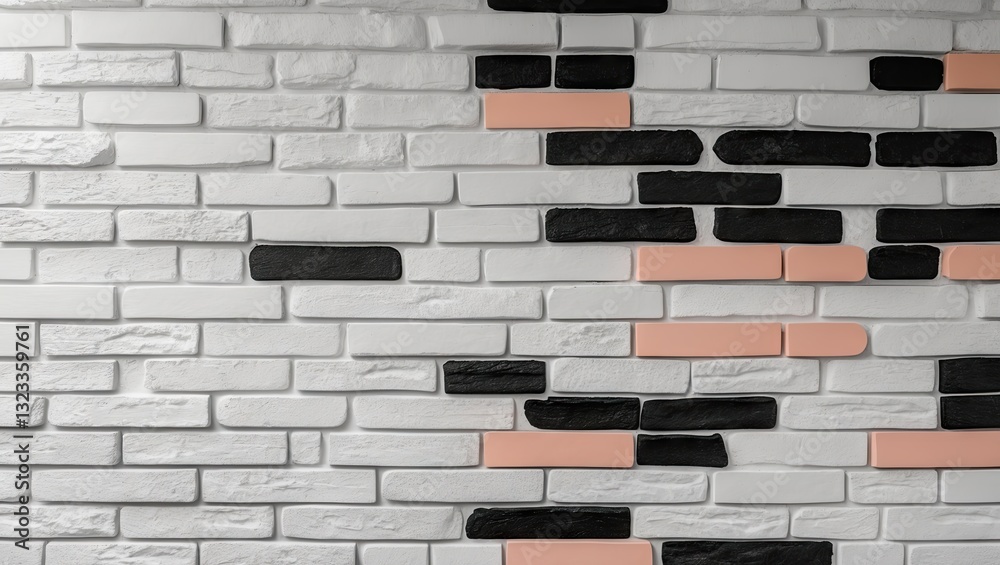 Aufkleber Textured wall featuring a unique pattern of black, white, and soft pink bricks; modern design with a mix of straight lines and irregular placements.
