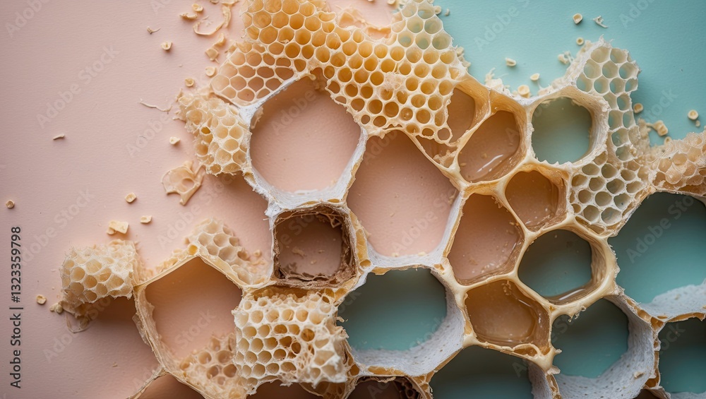 Aufkleber Close-up of honeycomb on pastel background with light peach and turquoise colors showcasing intricate textures and hexagonal patterns.