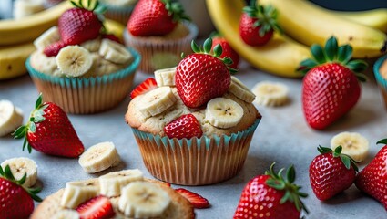 Deliciously decorated strawberry banana muffins with vibrant red strawberries and sliced bananas on top, placed on a textured surface with yellow bananas.