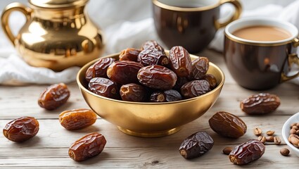Bowl of rich, brown dates on a wooden table with golden pot and cups in the background under soft, natural lighting setting.