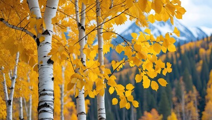 Vibrant autumn foliage of golden aspen leaves against a backdrop of majestic snowy mountains and clear blue sky highlighting warm yellow hues