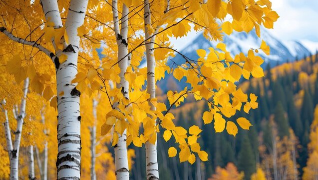 Vibrant autumn foliage of golden aspen leaves against a backdrop of majestic snowy mountains and clear blue sky highlighting warm yellow hues