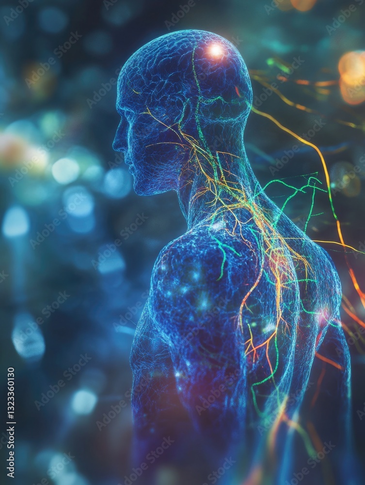 Poster abstract illustration of a person's head and torso with colorful lines, great for creative projects 
