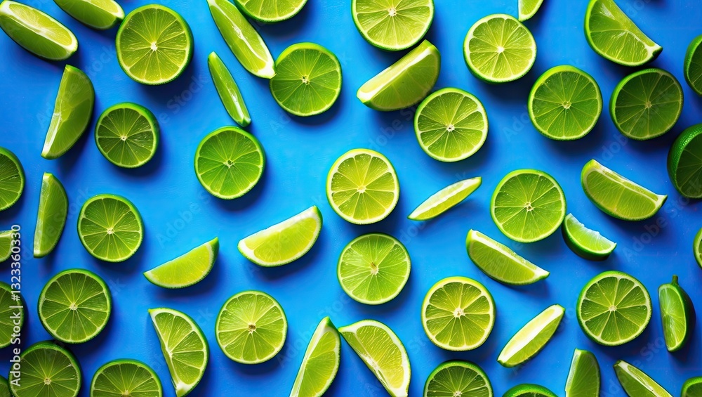 Poster vibrant green lime slices scattered on a bright blue background, flat lay composition, ideal for tex