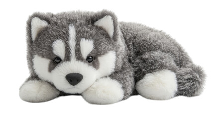 Soft and cuddly plush husky resting quietly on a white surface
