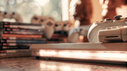 Close-up of a glowing gaming console with game discs and controllers, symbolizing gaming industry growth and entertainment technology trends.