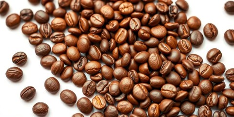 Fototapeta premium Close-up of roasted coffee beans isolated on pure white background, white background, breakfast