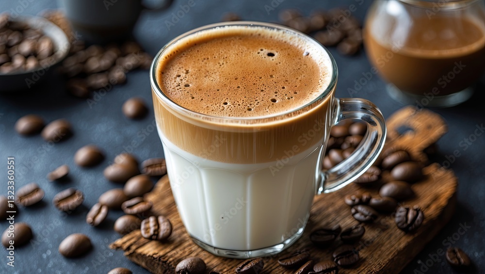 Poster close-up view of a milk coffee drink in a transparent glass against a dark background with coffee be